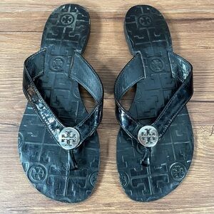 Tory Burch Thora Black Leather Flip Flops Sandals Women’s Size 6 Shoes